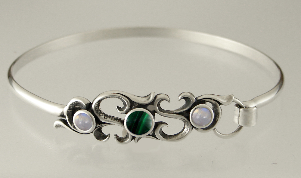 Sterling Silver Victorian Style Strap Latch Spring Hook Bangle Bracelet with Malachite And Rainbow Moonstone